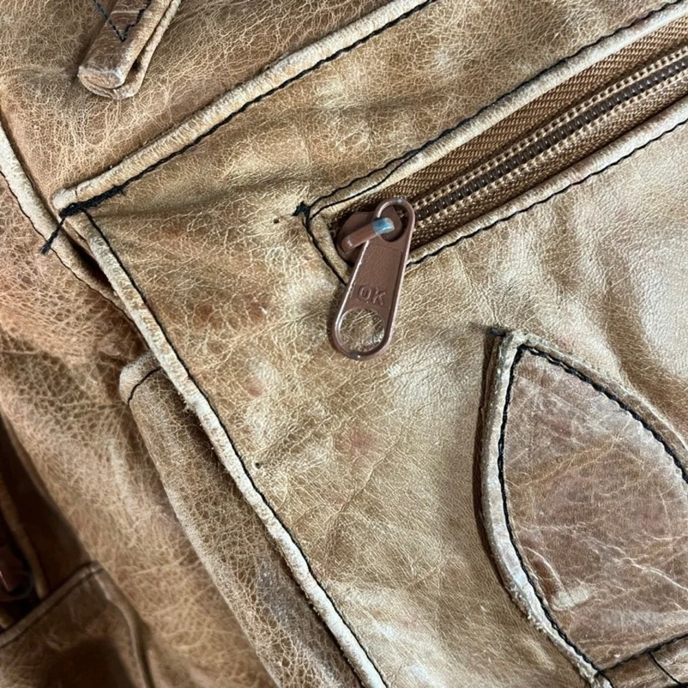 Vintage Tan Distressed Leather Backpack Rucksack Multi-Pocket Travel Bag